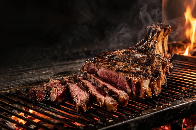 Chuletón con hueso sobre la parrilla, con la brasa encendida debajo