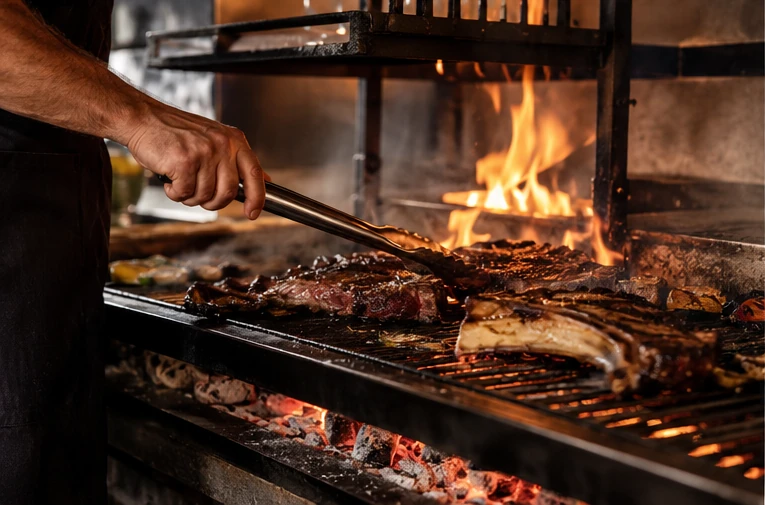 Parrillero colocando carne sobre la parrilla de leña