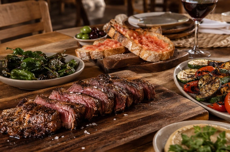 Mesa larga con platos para compartir