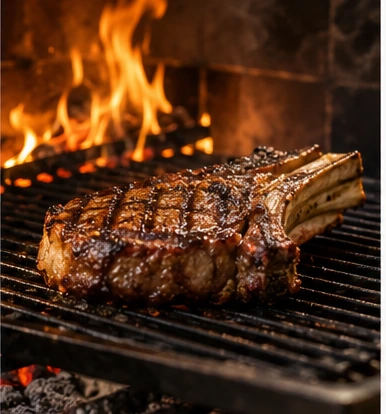 Chuletón dorándose sobre la brasa
