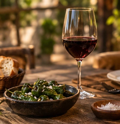 Pimientos de Padrón y una copa de vino tinto