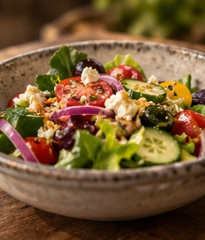 Cuenco de ensalada con tomate, pepino, feta y aceitunas